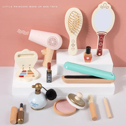 Kids2025 Edition Makeup Kit Wooden Pretend Play Cosmetic Toy With Carry Bag Eco Friendly Hairdressing Kit Holiday Gift