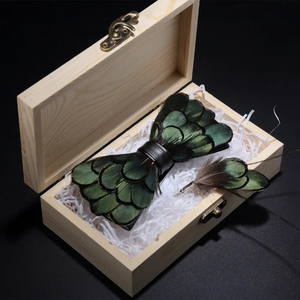 Green Birds Feather Bow Tie Kit - Handmade Wood Gift Box for Men, Wedding Party