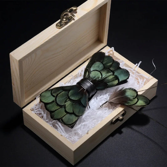 Green Birds Feather Bow Tie Kit - Handmade Wood Gift Box for Men, Wedding Party