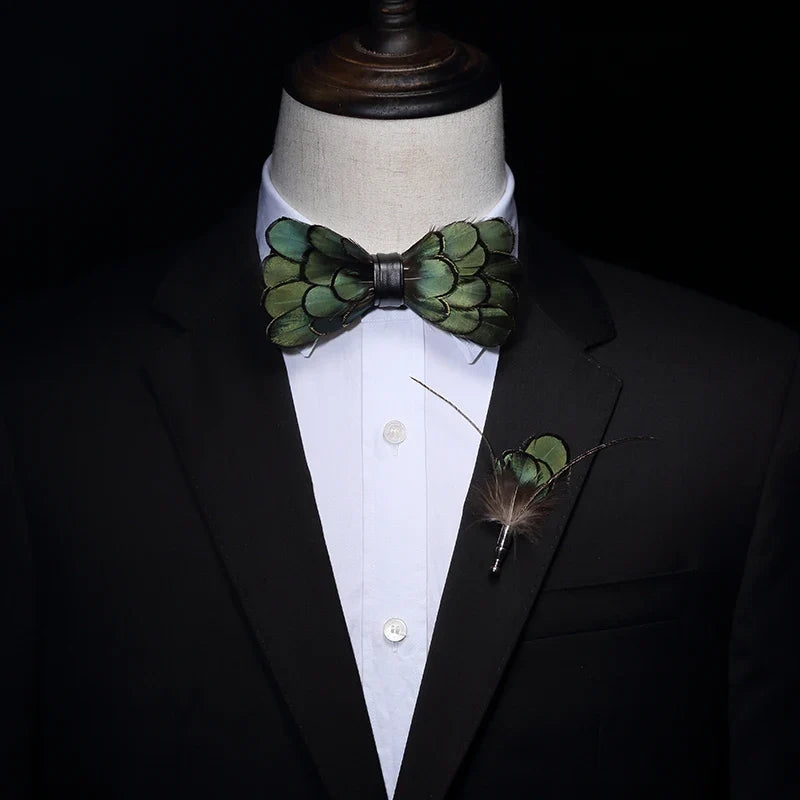 Green Birds Feather Bow Tie Kit - Handmade Wood Gift Box for Men, Wedding Party