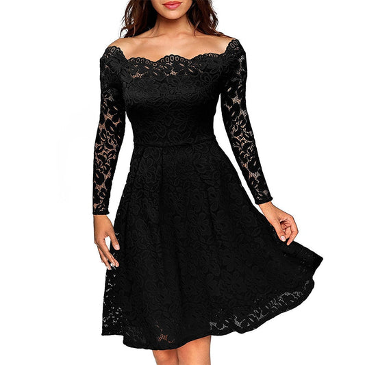 Elegant Off-Shoulder Lace Dress for Women, Vintage Floral Formal Dress for Weddings and Cocktail Parties-1