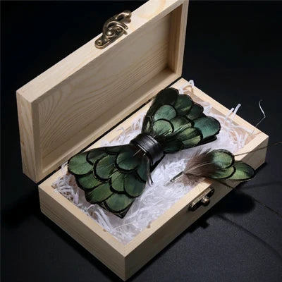Green Birds Feather Bow Tie Kit - Handmade Wood Gift Box for Men, Wedding Party