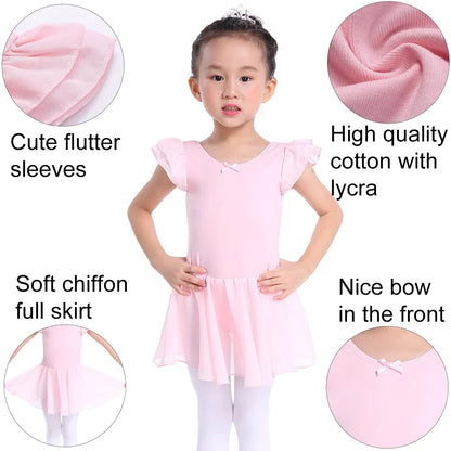 Plush girls ballet leotard with tutu - chiffon skirt, stretch fabric, for dance class