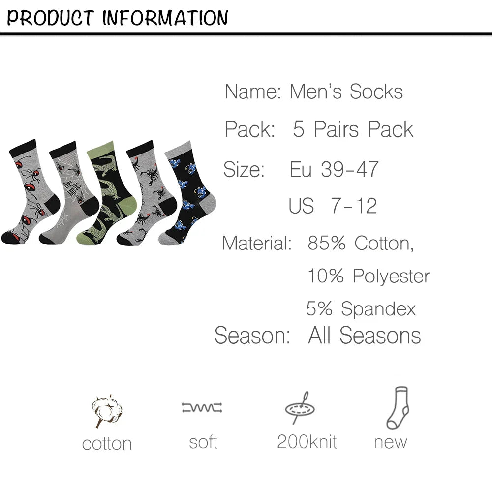 Crew Men's Socks Combed Cotton 5-Pack Harajuku Pattern Casual Socks Fall 2025 Breathable Antibacterial Comfort Gift