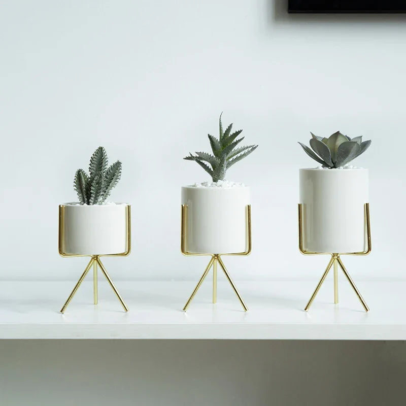 Ceramic Planters Kit Of 3 With Gold Iron Stand Contemporary Desktop Succulent Planters Fall 2025 Trendy Gift