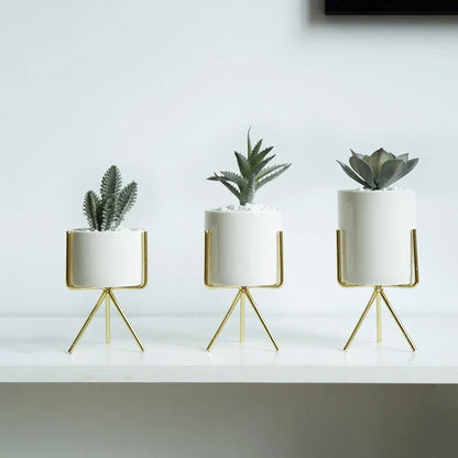 Ceramic Planters Kit Of 3 With Gold Iron Stand Contemporary Desktop Succulent Planters Fall 2025 Trendy Gift