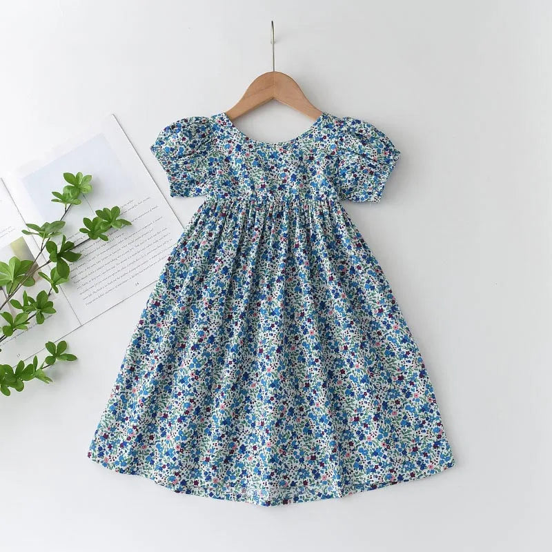 Floral Butterfly Print, Knee-Length, Sleeveless, Sash Waist, Casual Wear – Light and Flattering Girls' Dress
