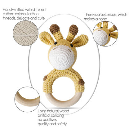 Crochet Wooden Animal Teether Rattle Newborn Sensory Toys