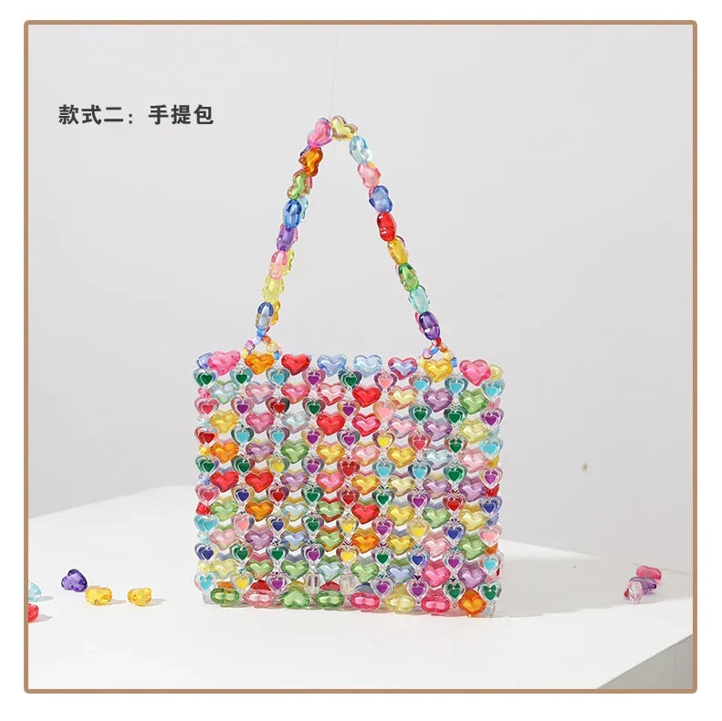 Bag Beaded Heart Bead Mini Shoulder Bag Handwoven Jelly Colorful Purse Summer 2025 Trendy Gift Accessory