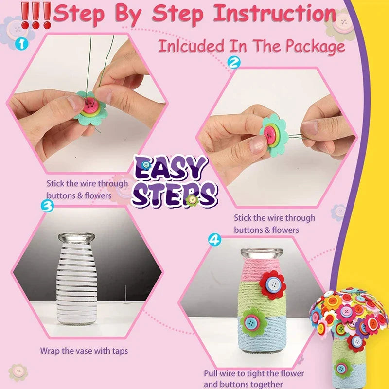 & Button Felt Flower Bouquet Craft Kit - DIY Vase Art Project for Kids, Creative Activity Gift for Boys & Girls