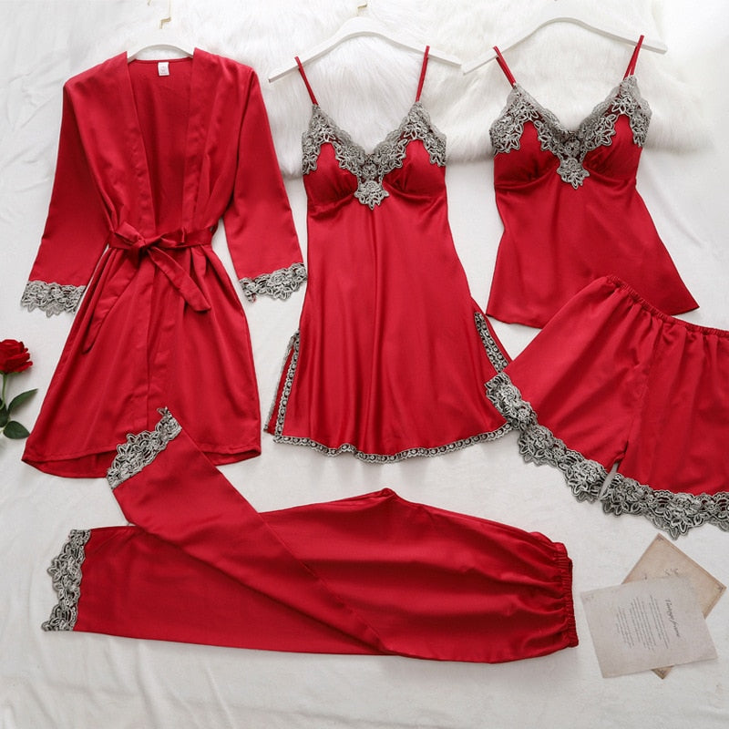 Variant image for Silk Pajamas Set for Women, Adjustable Straps, Elegant Lace Design, Soft and Comfortable Sleepwear, Breathable Satin Fabric-4