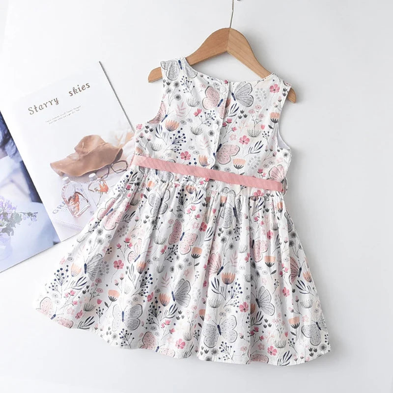 Floral Butterfly Print, Knee-Length, Sleeveless, Sash Waist, Casual Wear – Light and Flattering Girls' Dress