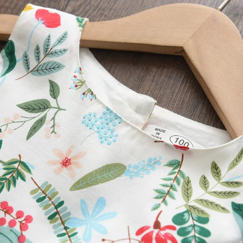 Floral Butterfly Print, Knee-Length, Sleeveless, Sash Waist, Casual Wear – Light and Flattering Girls' Dress