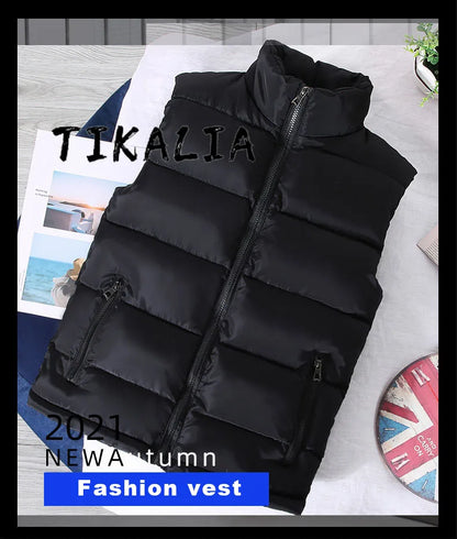 Slim Warm Men’s Puffer Vest - Stand Collar, Polyester, Casual