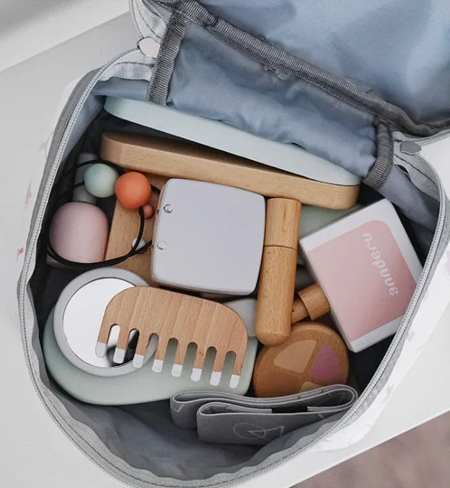 Kids2025 Edition Makeup Kit Wooden Pretend Play Cosmetic Toy With Carry Bag Eco Friendly Hairdressing Kit Holiday Gift