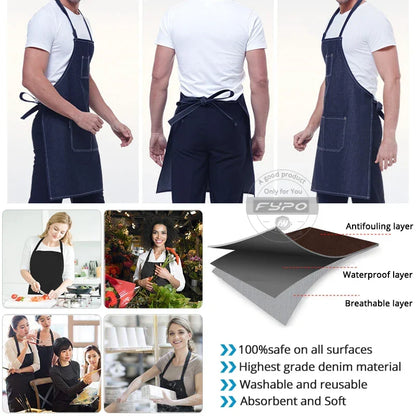 Denim Apron Flexible Neck Bib Apron Sturdy Barista Kitchen Apron Fall 2025 Hygienic Workwear With Pockets