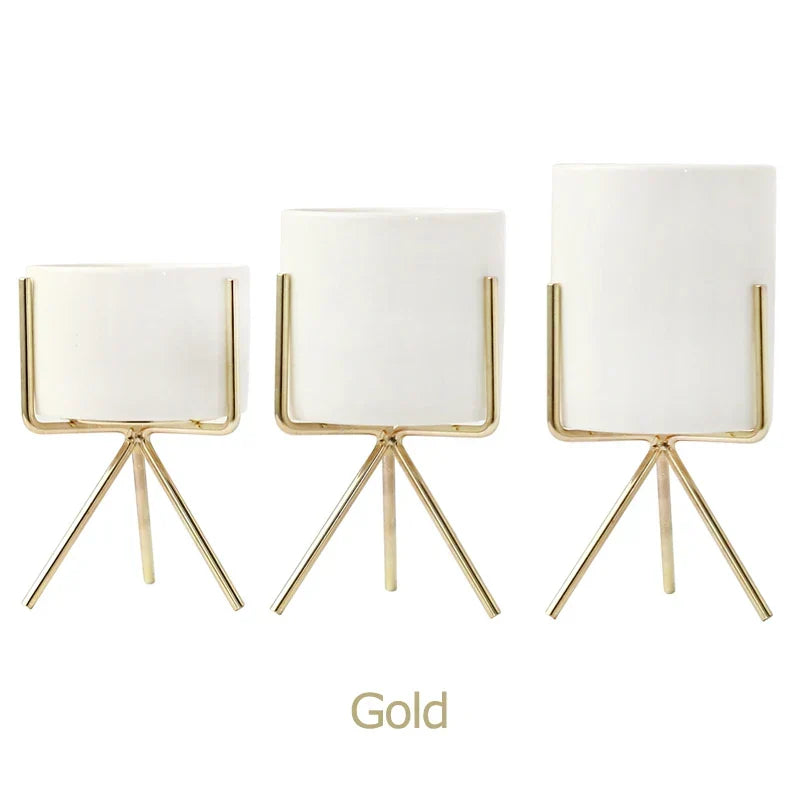 Ceramic Planters Kit Of 3 With Gold Iron Stand Contemporary Desktop Succulent Planters Fall 2025 Trendy Gift