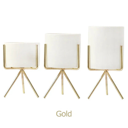 Ceramic Planters Kit Of 3 With Gold Iron Stand Contemporary Desktop Succulent Planters Fall 2025 Trendy Gift