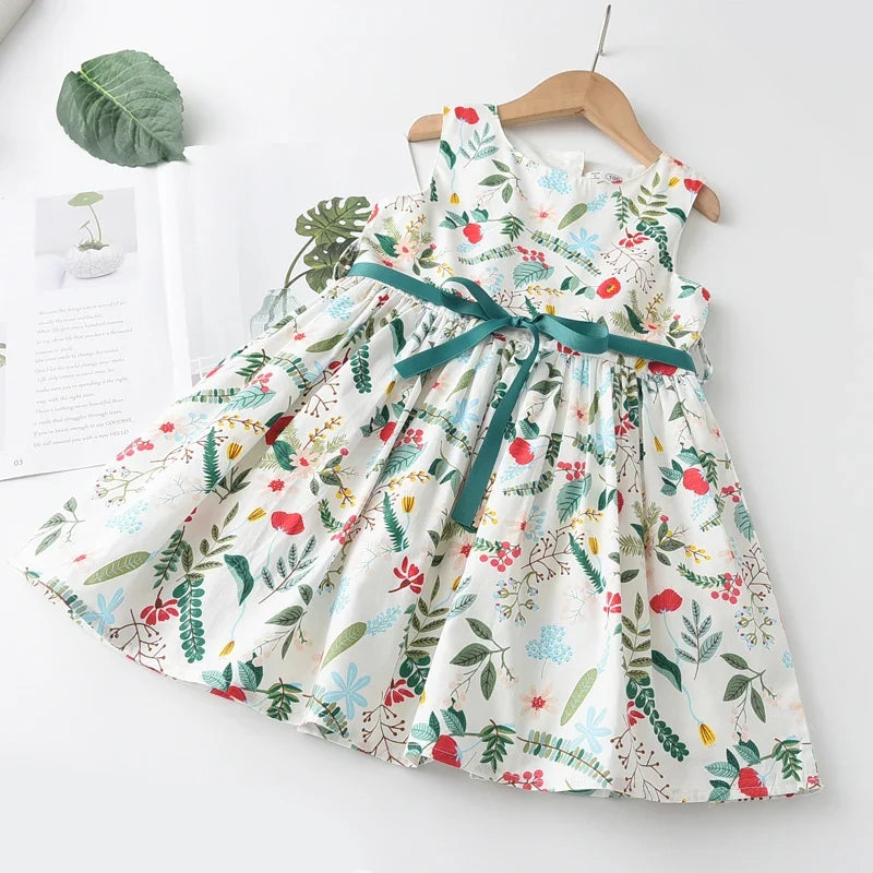 Floral Butterfly Print, Knee-Length, Sleeveless, Sash Waist, Casual Wear – Light and Flattering Girls' Dress