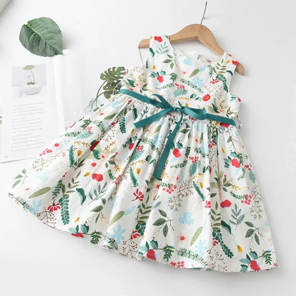 Floral Butterfly Print, Knee-Length, Sleeveless, Sash Waist, Casual Wear – Light and Flattering Girls' Dress