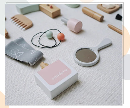 Kids2025 Edition Makeup Kit Wooden Pretend Play Cosmetic Toy With Carry Bag Eco Friendly Hairdressing Kit Holiday Gift