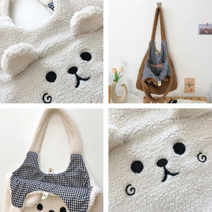 Tote Bag Plush Cartoon Embroidery Shoulder Bag Winter 2025 Cozy Faux Lamb Hair Shopper Gift