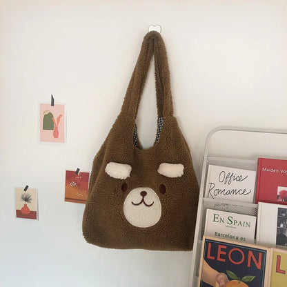 Tote Bag Plush Cartoon Embroidery Shoulder Bag Winter 2025 Cozy Faux Lamb Hair Shopper Gift
