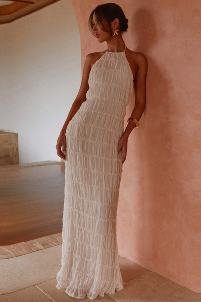 Variant image for Ethereal Halter Maxi Dress in Soft Nude with Pleated Layers - Elegant Long Dress for Women, Full-Length Design-1