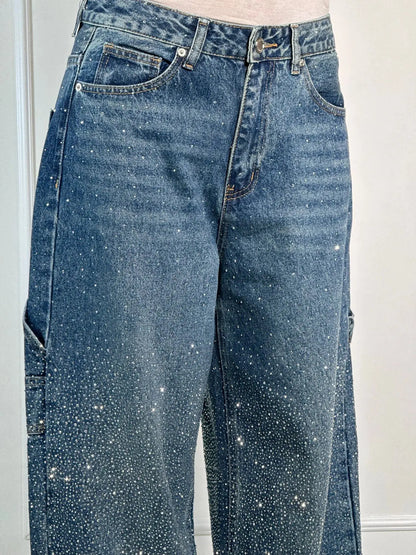 Relaxed Fit Blue Denim Straight Leg Jeans with Rhinestone Embellishments for Casual Glamour-3