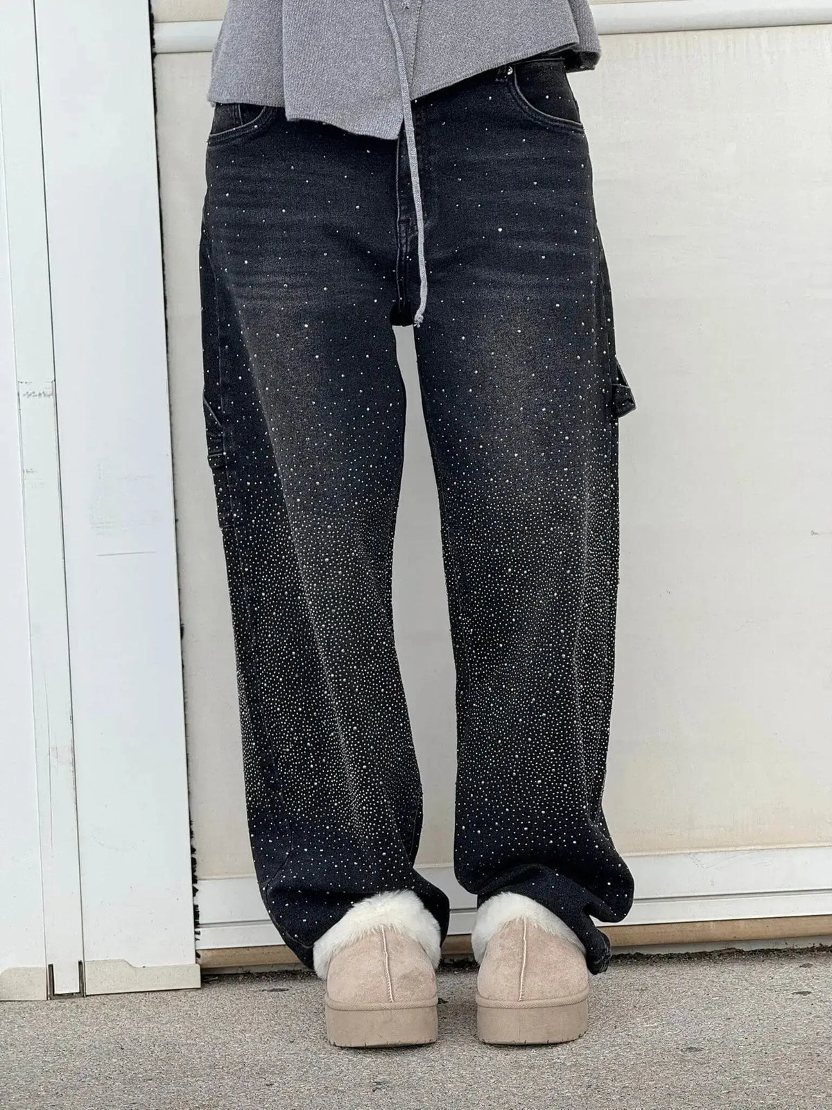 Relaxed Fit Blue Denim Straight Leg Jeans with Rhinestone Embellishments for Casual Glamour-6
