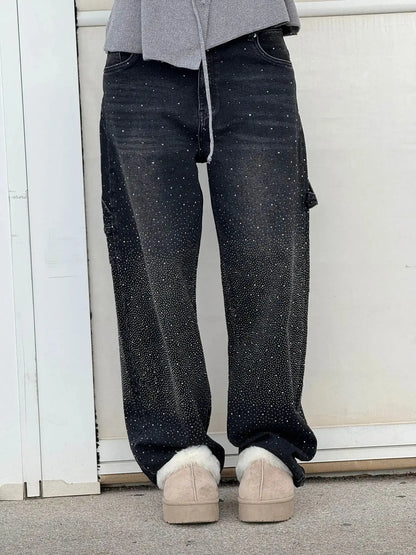 Variant image for Relaxed Fit Blue Denim Straight Leg Jeans with Rhinestone Embellishments for Casual Glamour-13
