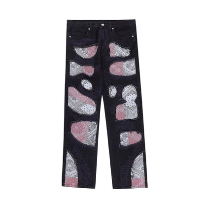 Unique Bandana Patchwork Jeans for Men and Women, Various Fits in Classic Blue Denim and Bold Black Wash-1