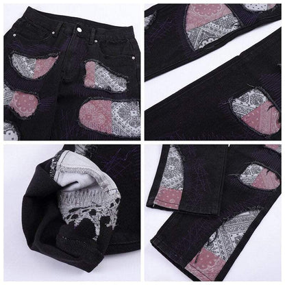 Unique Bandana Patchwork Jeans for Men and Women, Various Fits in Classic Blue Denim and Bold Black Wash-6