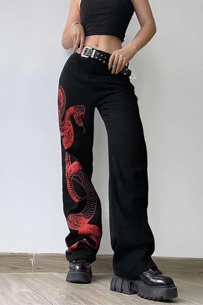 Dragon Embroidered Stretch Denim Jeans with Gold Brushstroke and Kanji Calligraphy Design-3
