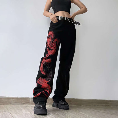 Dragon Embroidered Stretch Denim Jeans with Gold Brushstroke and Kanji Calligraphy Design-5