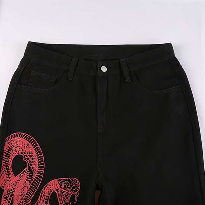 Dragon Embroidered Stretch Denim Jeans with Gold Brushstroke and Kanji Calligraphy Design-6