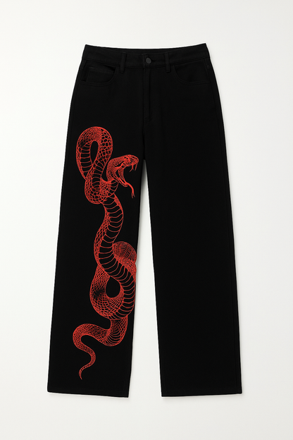 Dragon Embroidered Stretch Denim Jeans with Gold Brushstroke and Kanji Calligraphy Design-2