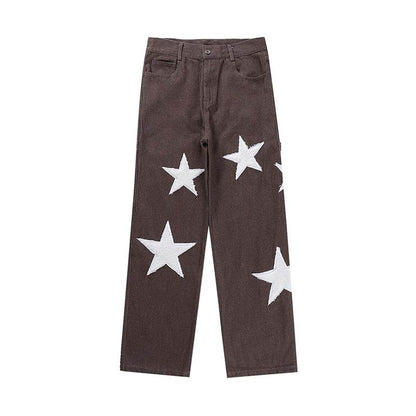 Baggy Wide Leg Jeans with Unique Star Patchwork Design and Comfortable Mid-Waist Fit in Dark Indigo-4
