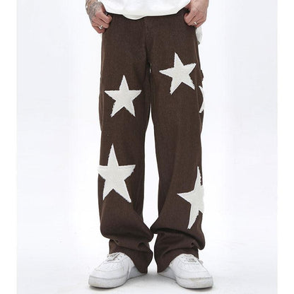 Baggy Wide Leg Jeans with Unique Star Patchwork Design and Comfortable Mid-Waist Fit in Dark Indigo-5