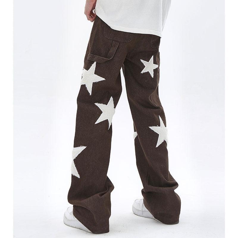 Baggy Wide Leg Jeans with Unique Star Patchwork Design and Comfortable Mid-Waist Fit in Dark Indigo-6
