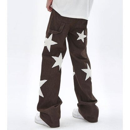 Baggy Wide Leg Jeans with Unique Star Patchwork Design and Comfortable Mid-Waist Fit in Dark Indigo-6