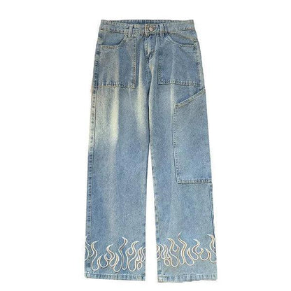 Flame Print Jeans for Men and Women, Stylish Denim with Bold Flame Designs, Available in Various Fits and Colors-1