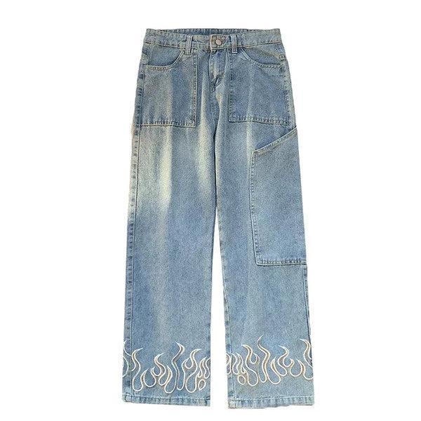 Variant image for Flame Print Jeans for Men and Women, Stylish Denim with Bold Flame Designs, Available in Various Fits and Colors-1