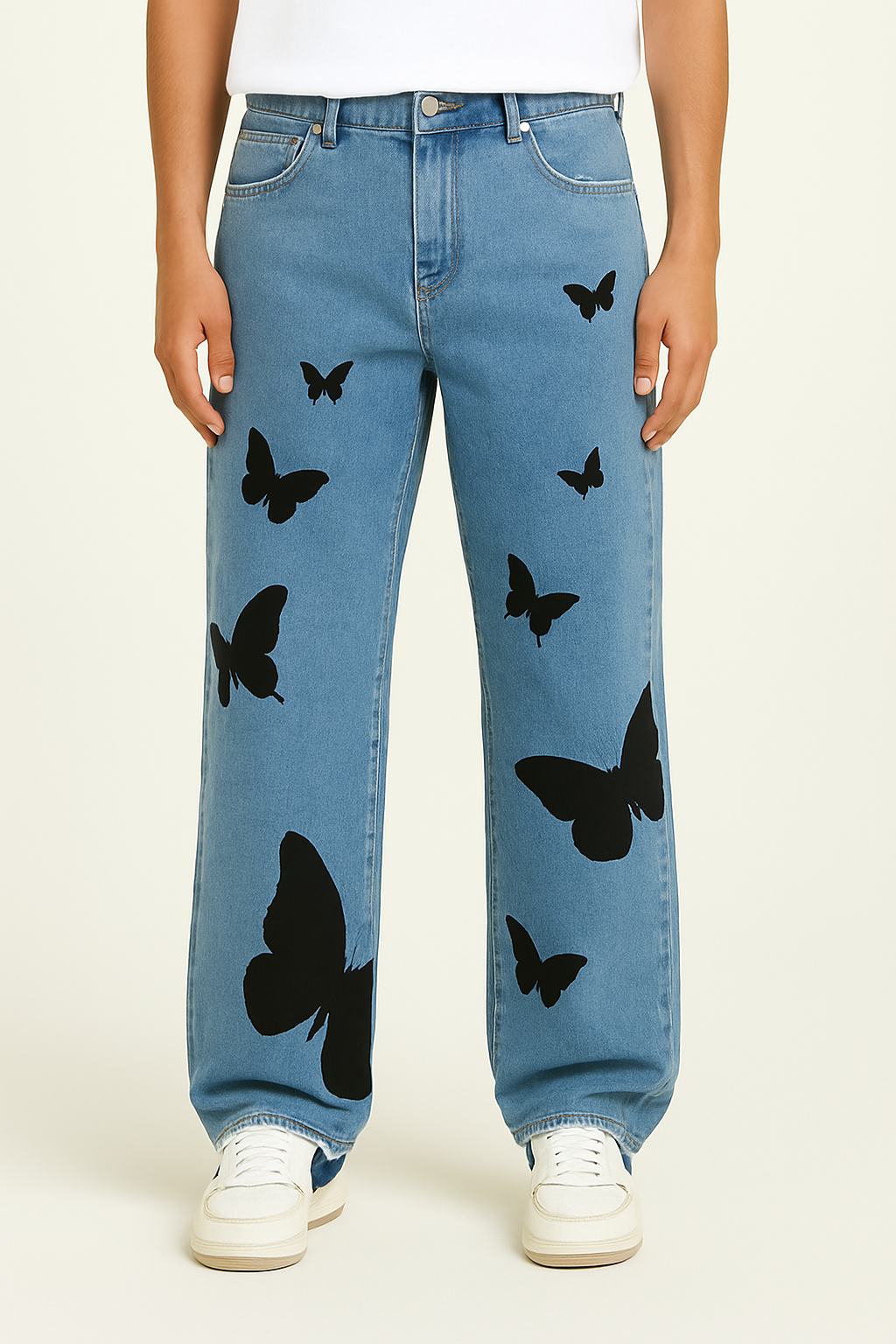 Butterfly Embroidered Wide Leg Jeans, Mid-Rise Stretch Denim, Comfortable Casual Fit with Eye-Catching Designs-2