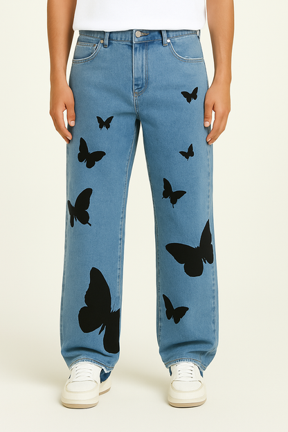 Butterfly Embroidered Wide Leg Jeans, Mid-Rise Stretch Denim, Comfortable Casual Fit with Eye-Catching Designs-2