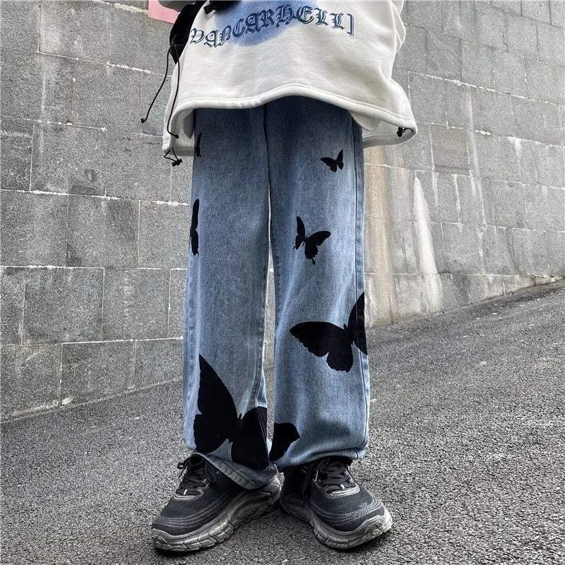 Butterfly Embroidered Wide Leg Jeans, Mid-Rise Stretch Denim, Comfortable Casual Fit with Eye-Catching Designs-3