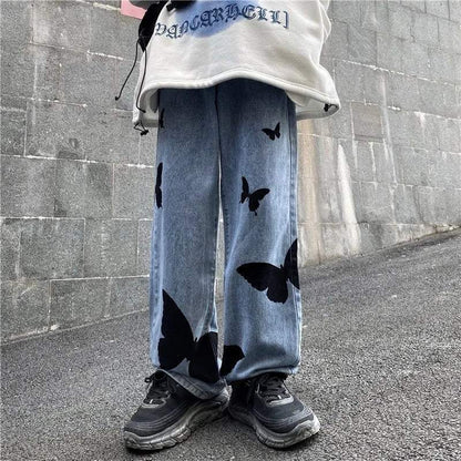 Butterfly Embroidered Wide Leg Jeans, Mid-Rise Stretch Denim, Comfortable Casual Fit with Eye-Catching Designs-3