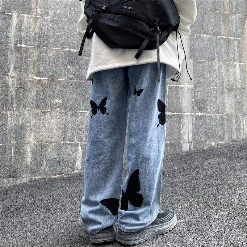 Butterfly Embroidered Wide Leg Jeans, Mid-Rise Stretch Denim, Comfortable Casual Fit with Eye-Catching Designs-4