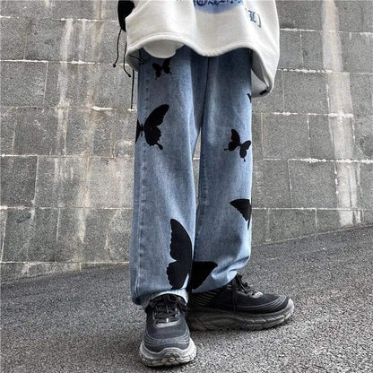 Butterfly Embroidered Wide Leg Jeans, Mid-Rise Stretch Denim, Comfortable Casual Fit with Eye-Catching Designs-5