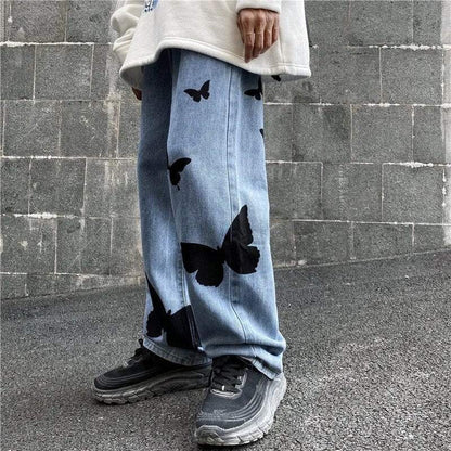 Butterfly Embroidered Wide Leg Jeans, Mid-Rise Stretch Denim, Comfortable Casual Fit with Eye-Catching Designs-6